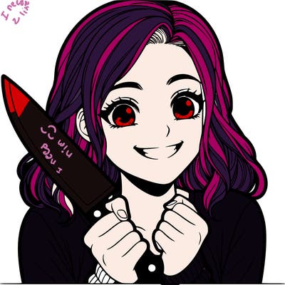 a realistic girl holding a knife and grinning