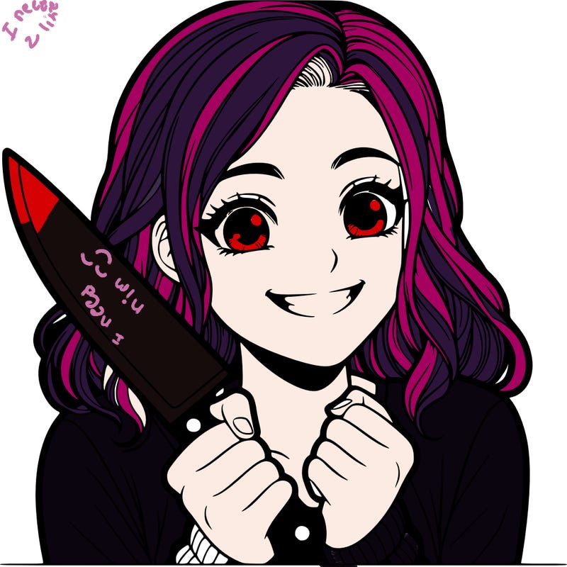 a realistic girl holding a knife and grinning