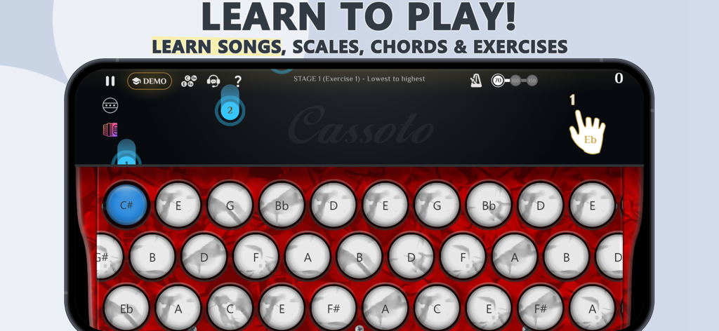 Accordion Diatonic Cassoto - A mobile app interface for learning the diatonic accordion featuring labeled buttons and finger indicators.