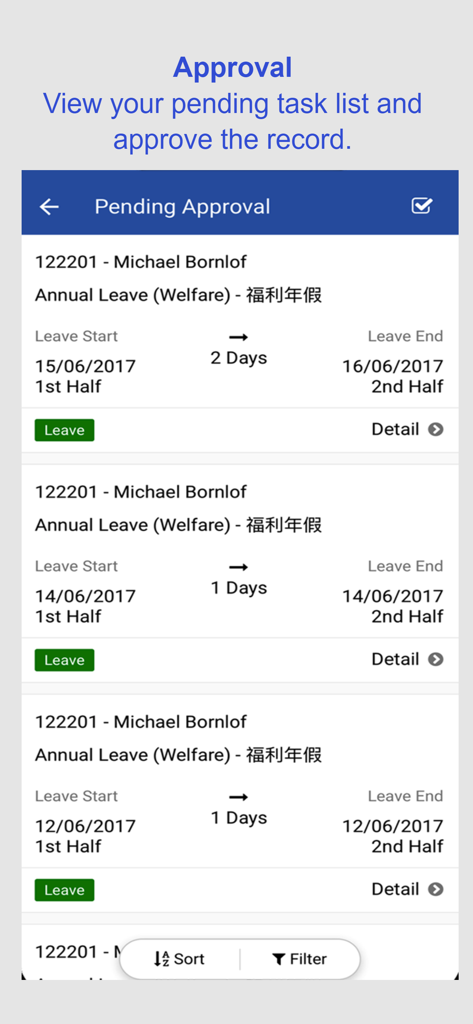 BIPO HRMS - BIPO HRMS mobile app interface showing a list of pending annual leave approval requests with employee details and dates