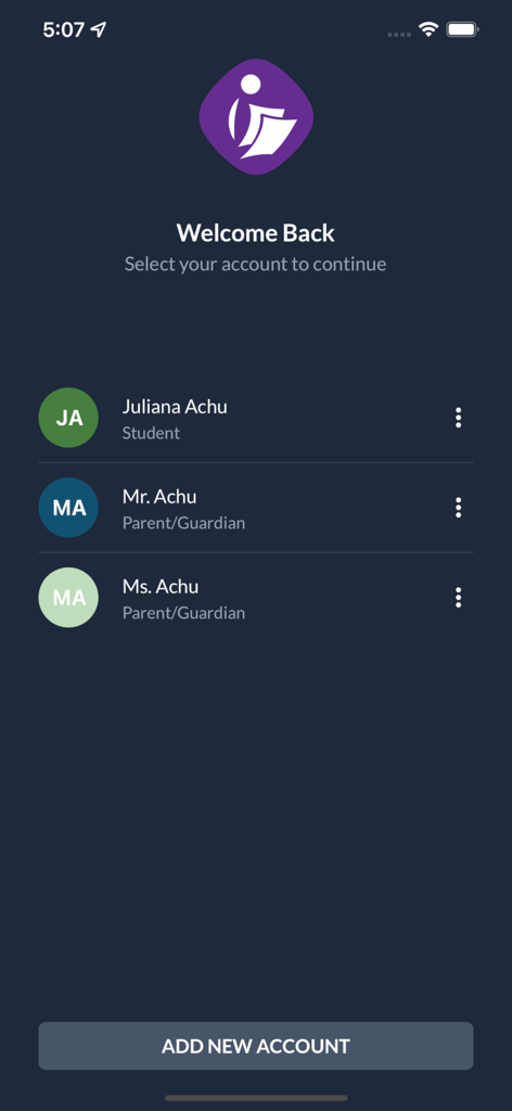 iGradePlus - iGradePlus app welcome back screen showing a list of student and parent guardian accounts to select.