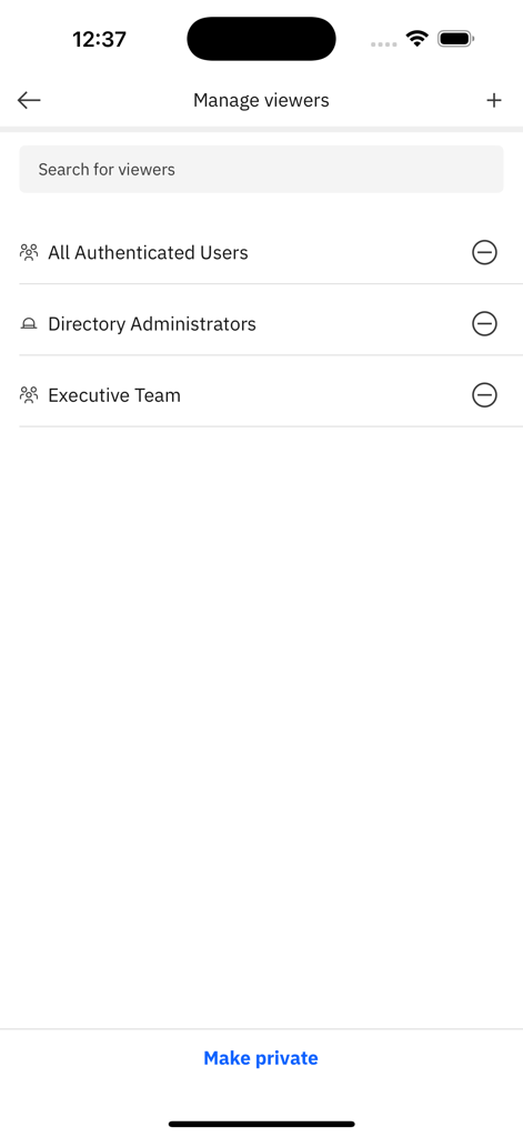Interface de gestion des vues de données et des autorisations dans l'application mobile IBM Cognos Analytics.