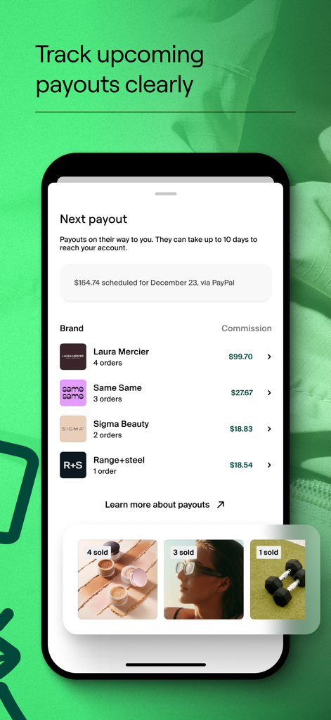 Collabs: Content commerce - Interface of Shopify Collabs app displaying upcoming payouts and brand commissions for influencers