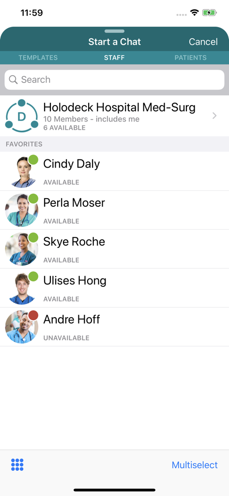 Vocera Vina app interface showing a list of hospital staff and their availability for secure communication