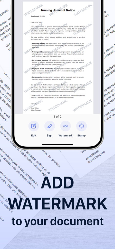 Interface do aplicativo móvel exibindo um documento digitalizado com uma marca d'água e opções de edição como assinar e carimbar