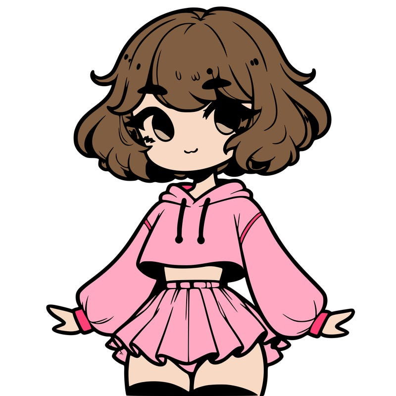 cute femboy with short, fluffy hair that softly frames their face, wearing a cropped hoodie, paired with a flouncy short skirt, and thigh-high stockings