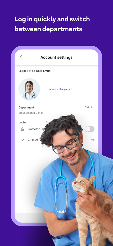 Provet Mobile - Schermata delle impostazioni dell'account nell'app Provet Mobile che mostra le opzioni di cambio dipartimento con un veterinario che tiene in braccio un gatto.