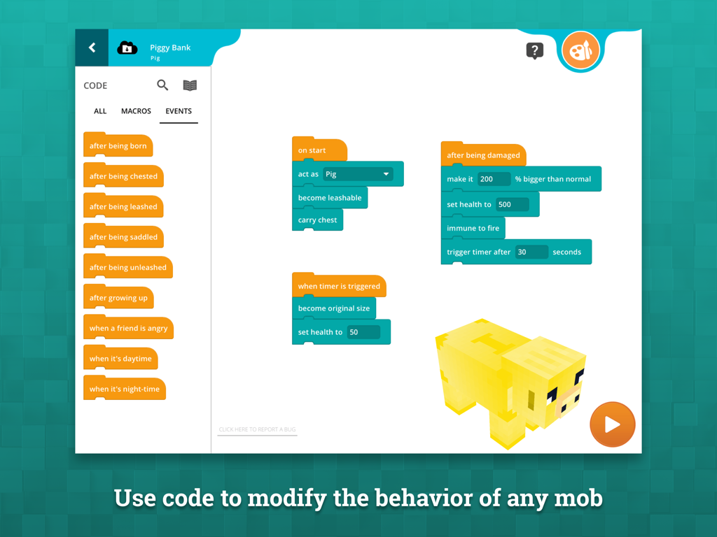 Mod Creator for Minecraft - Visual block coding interface in the Mod Creator app for customizing Minecraft mob behaviors
