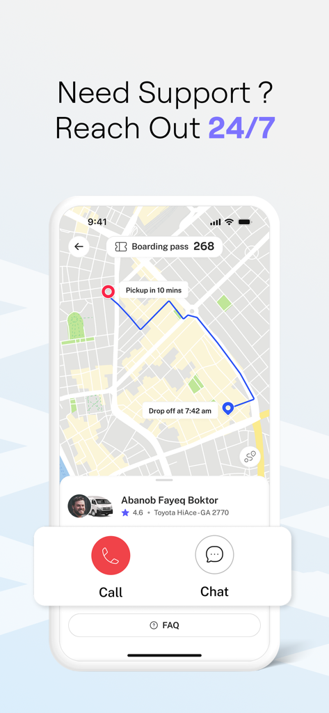 Swvl mobile app screen showing 24/7 support options with call and chat buttons and a live ride tracking map.