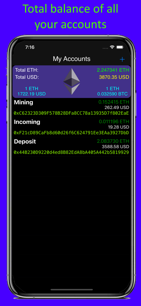 Vista della dashboard dell'app Ethereum Address Explorer che mostra il saldo totale su più account in ETH e USD