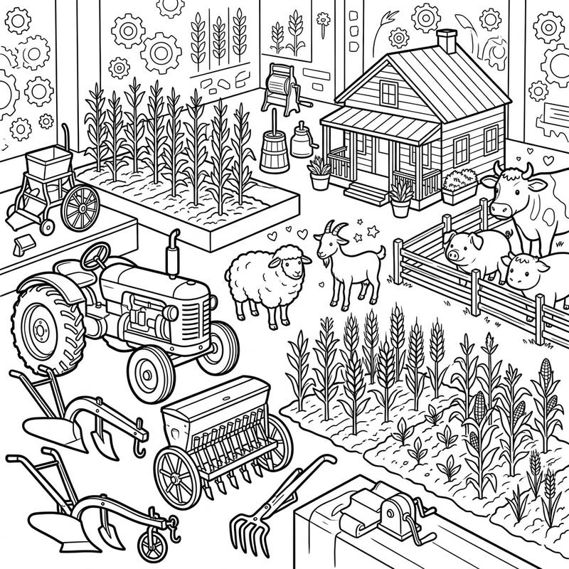 Step into the heart of agricultural history with this engaging coloring page. Discover a vibrant museum scene filled with classic farm equipment, friendly animals, and bountiful crops, all waiting for your creative touch.