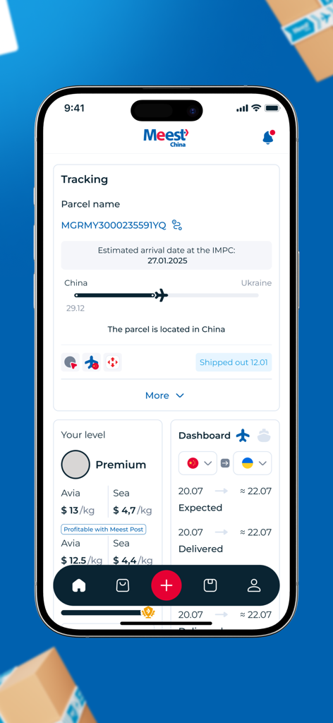 Meest China mobile app interface showing parcel tracking status from China to Ukraine and shipping rates