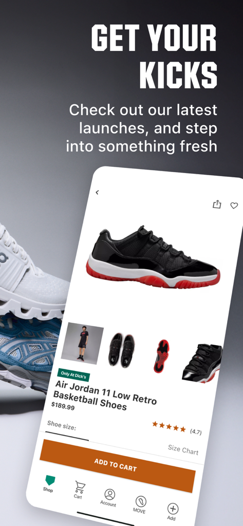 DICK'S Sporting Goods app product page for Air Jordan basketball shoes