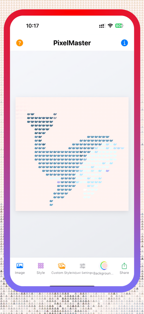 PixelMaster-App-Oberfläche, die eine Walgrafik zeigt, die aus benutzerdefinierten Vogelpixeln erstellt wurde