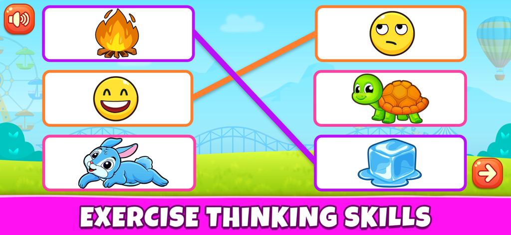 A educational matching game for kids where they connect opposites like fire and ice to exercise thinking skills.