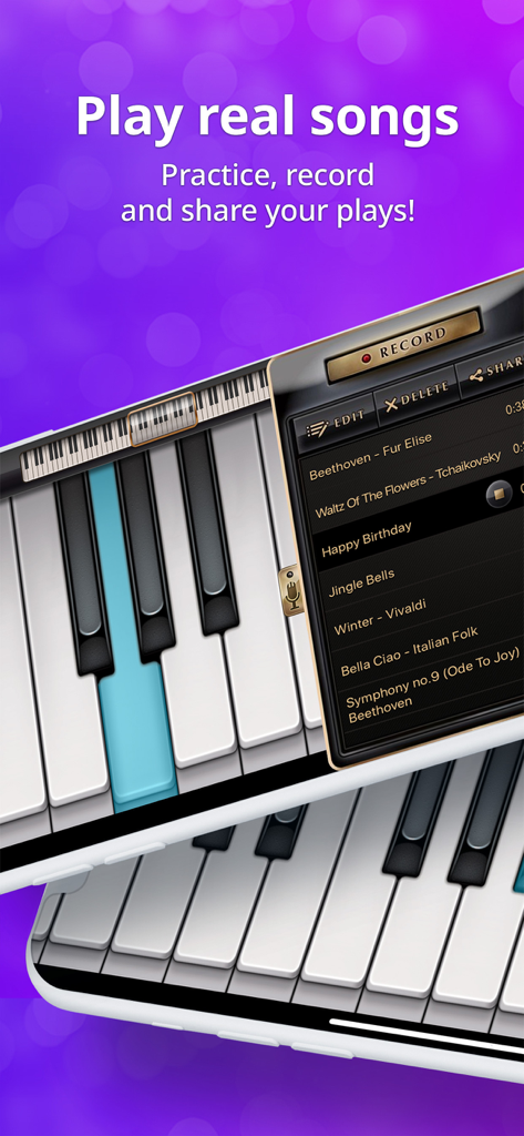 Virtual piano keyboard app showing a song list and recording interface