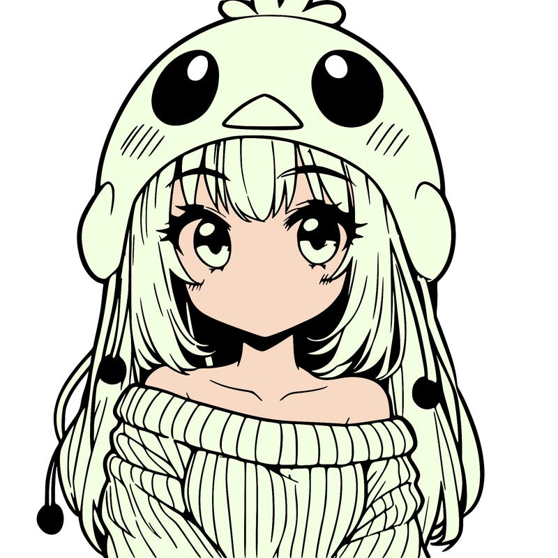 anime girl with chick shaped hat with sweater with bare shoulders with bangs covering them one eye with low tail