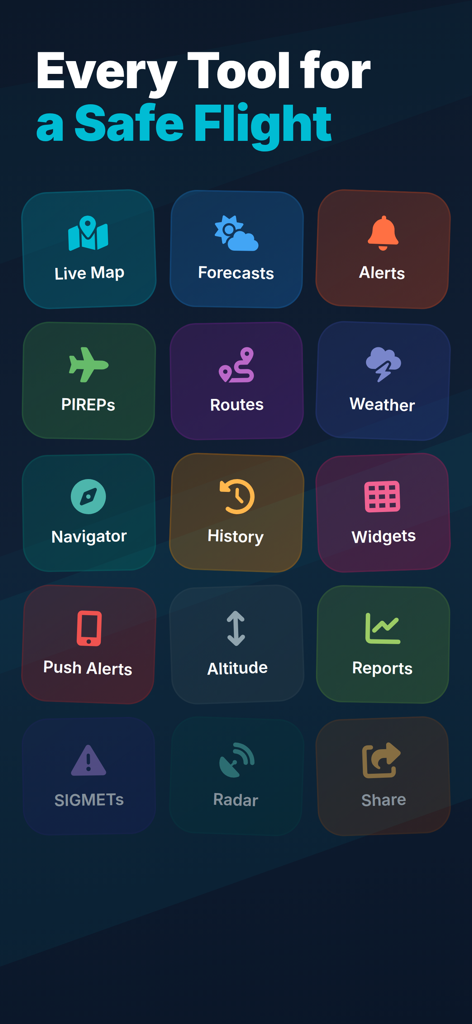 Turbulence Forecast - Flight+ - Grid of icons showing flight tools including live maps forecasts and pilot reports for aviation safety