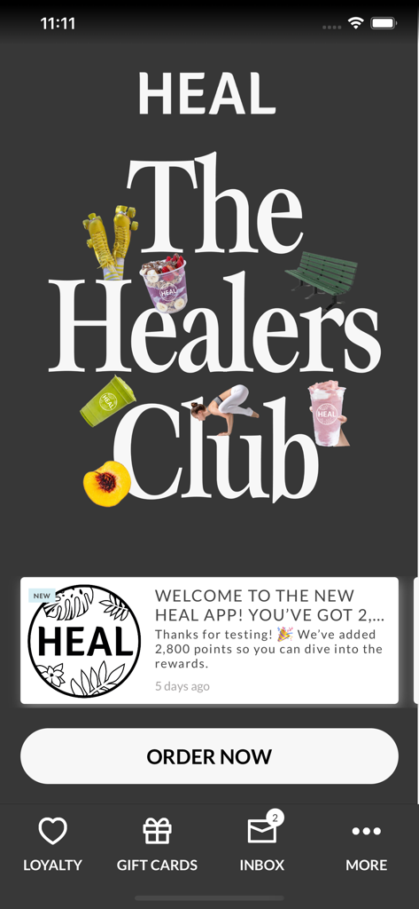 Heal Wellness app home screen displaying The Healers Club branding and an Order Now button.
