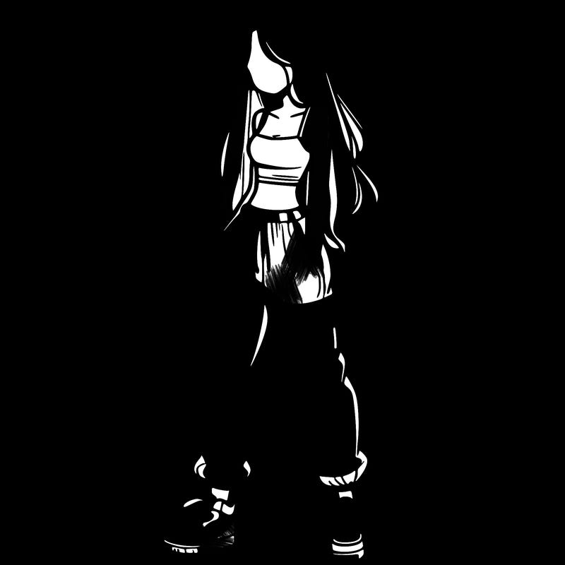 girl in baggy pants crop top and long hair