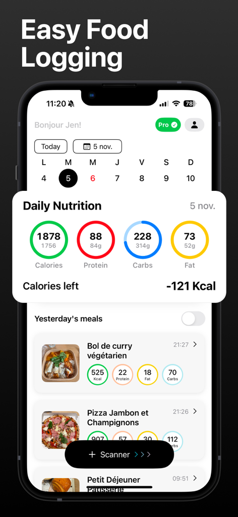 SnapKal: Photo Calorie Counter - SnapKalアプリ画面にカロリーとマクロ栄養素の追跡を含む毎日の栄養概要が表示されている様子