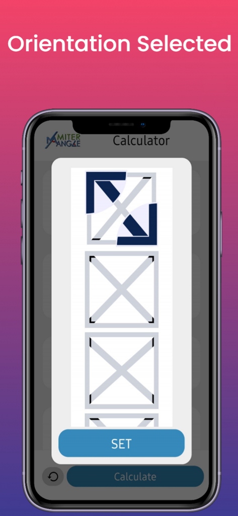 Miter Angle Calculator - A mobile app screen showing several cross bracing orientation options for wood construction calculations