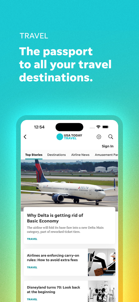 USA TODAY: US & Breaking News - USA TODAYアプリのトラベルセクション。航空会社と旅行先のニュース記事が掲載されています。