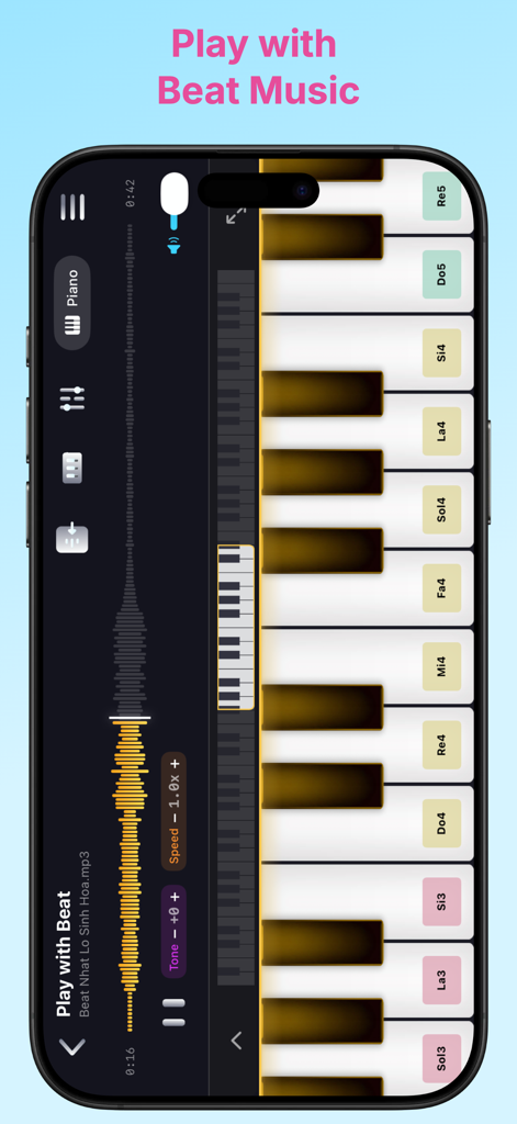 Hi Piano - A smartphone displaying the Hi Piano app with a vertical 88-key keyboard and an audio waveform for the Play with Beat Music feature.