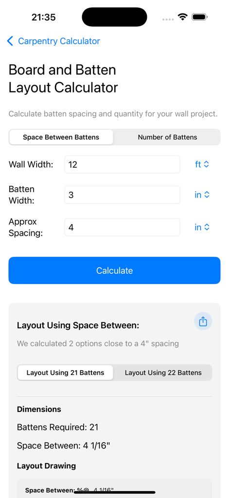 Carpentry & Trim Calculator - Board and Batten Layout Calculator showing wall spacing and batten quantity results