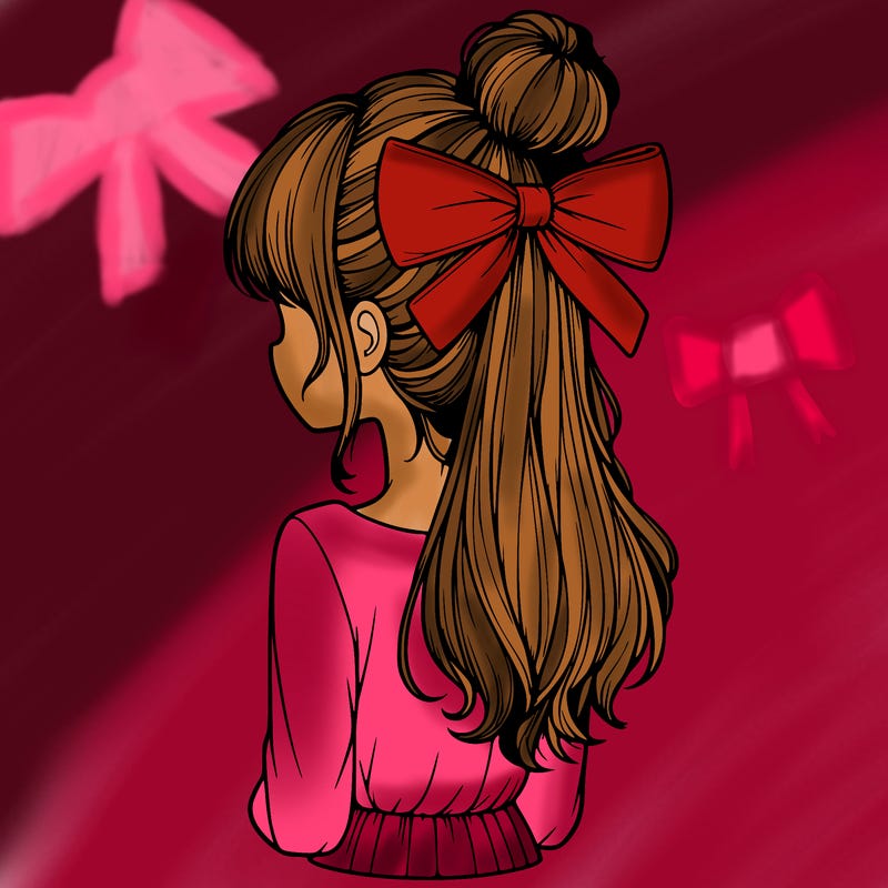 realistic girl  with hip length hair a bun and a big bow on the back of head