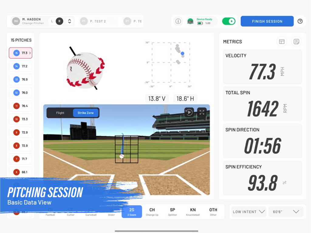 iPad dashboard for Rapsodo Baseball app showing a pitching session with velocity and spin rate metrics