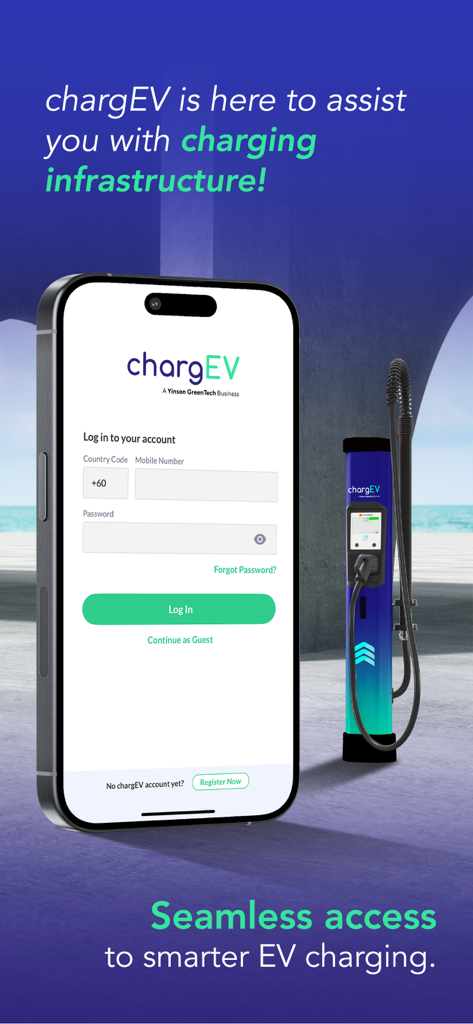 Smartphone displaying the chargEV app login screen next to a blue and green electric vehicle charging station.
