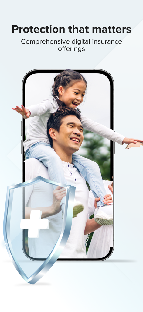 Techcombank Mobile - Techcombank Mobile app screen showcasing digital insurance offerings with a happy father and daughter