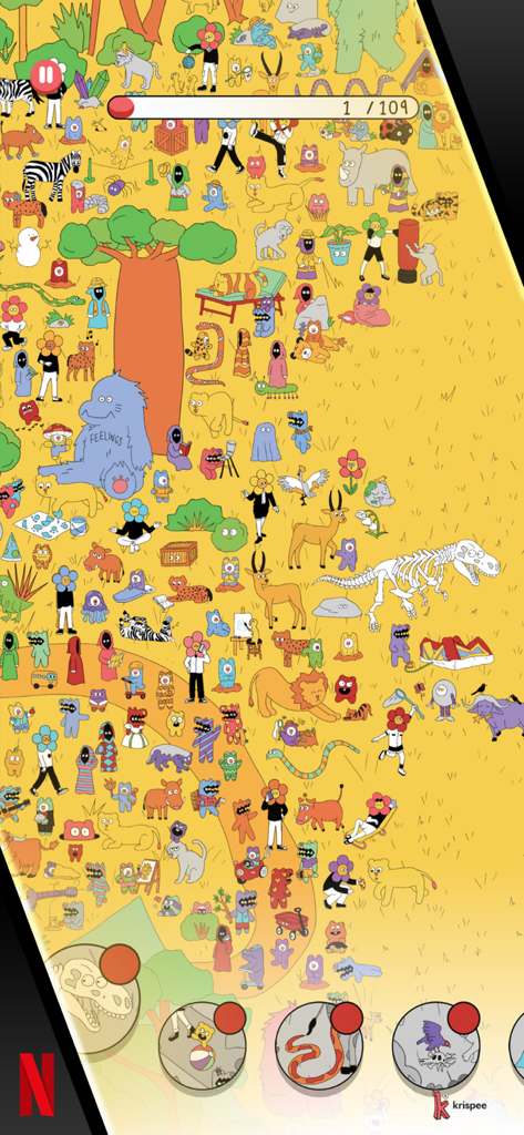 Krispee Street - A vibrant hand-drawn scene from Krispee Street with many hidden quirky characters and animals.