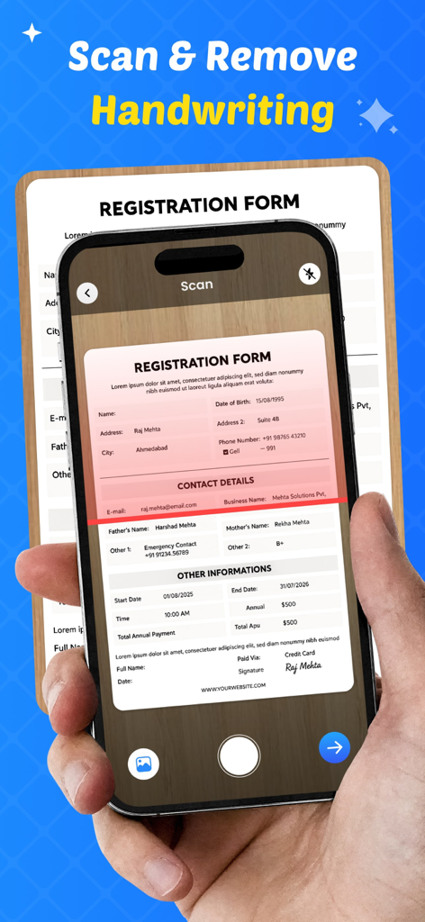 A person using an iPhone to scan a document with the Remove Handwriting app