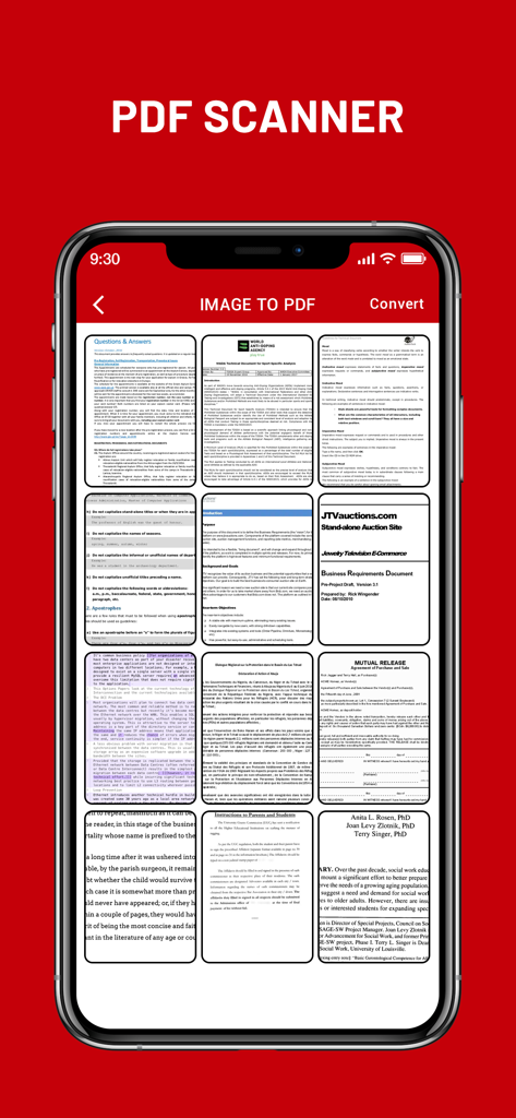 Interfaz de la aplicación móvil que muestra una cuadrícula de múltiples documentos escaneados listos para ser convertidos en un archivo PDF