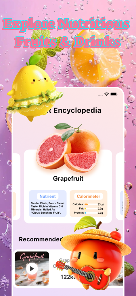 Cagic：Adult Enjoy Chat，Connect - Pantalla de la enciclopedia de frutas de la aplicación Cagic que muestra información nutricional y conteos de calorías para el pomelo