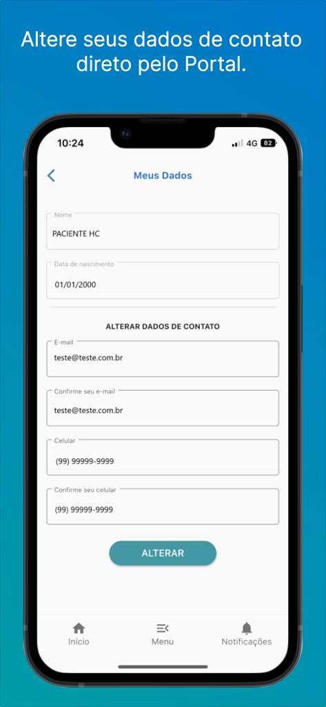 Smartphone screen of the Portal do Paciente HC app displaying a form to update patient contact information including email and phone number.