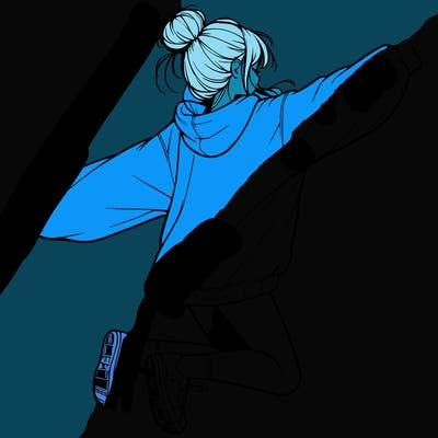 realistic girl jumping with a bun and oversized sweatshirt