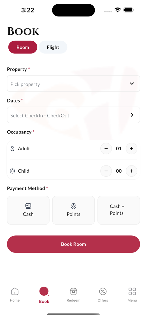 The booking screen of the Soaltee Heritage Club app showing room reservation options, occupancy selection, and payment methods using cash or reward points.