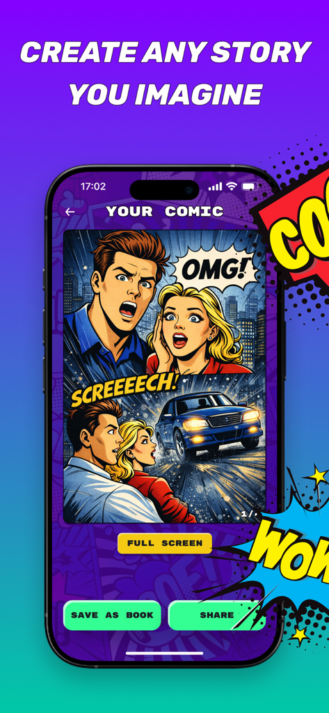 ComiX: AI Comics Book Maker - A smartphone displaying the ComiX app interface with a custom AI-generated comic book page featuring dramatic characters and action sound effects.