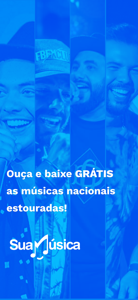 브라질 가수들의 파란색 콜라주와 무료 음악 다운로드 텍스트가 포함된 Sua Música 앱 홍보 화면