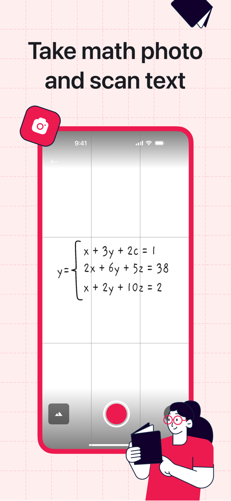 Camera Math app interface for scanning and solving math equations from a photo.