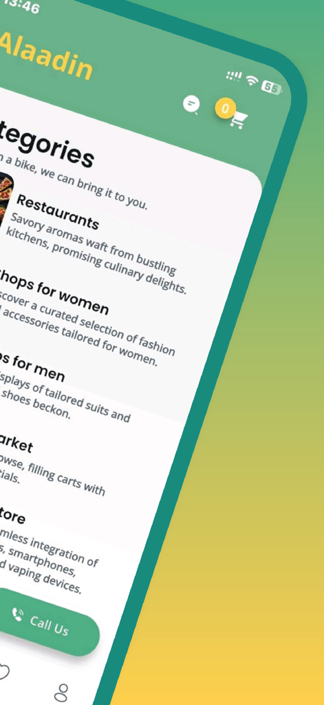 Jaavar Jak - Alaadin app screen displaying various shopping categories like restaurants and clothing shops.
