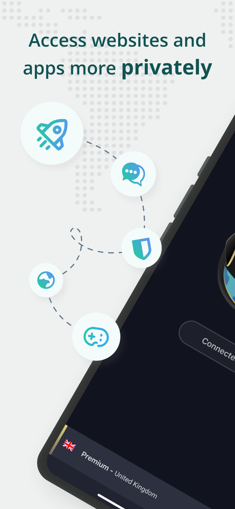 Pantalla de la aplicación VPN Proxy Master que muestra iconos para navegación segura y una conexión premium en el Reino Unido