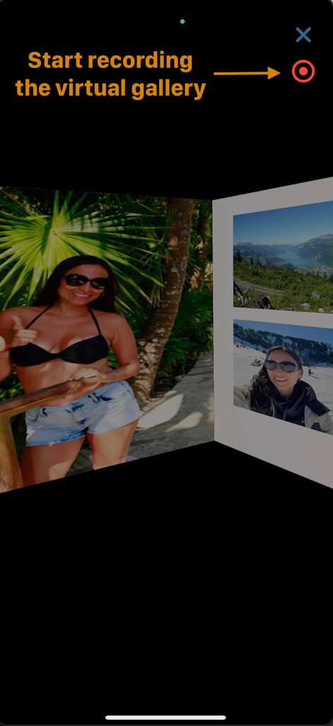 Interfaz que muestra la opción de grabar un vídeo de una galería de fotos personalizada de realidad aumentada