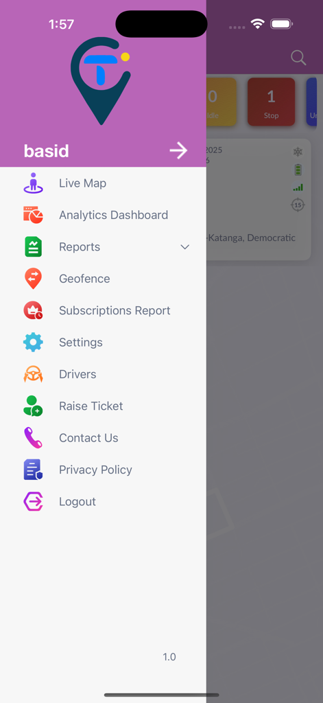 TRACK CONGO - Menú de navegación lateral de la aplicación de gestión de flotas de Track Congo que muestra funciones de seguimiento y gestión