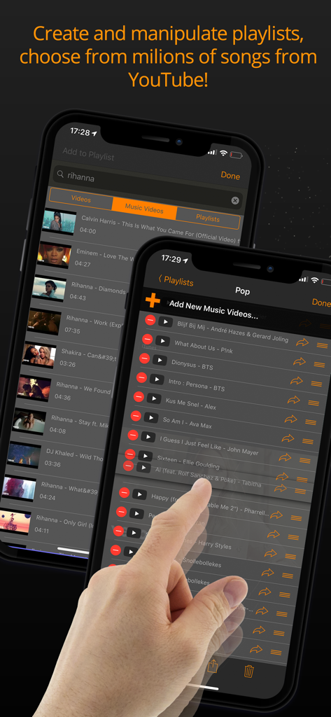 AudioViz  - Top Songs Online - iPhone screens showing music video search for Rihanna and a curated Pop playlist in the AudioViz app.