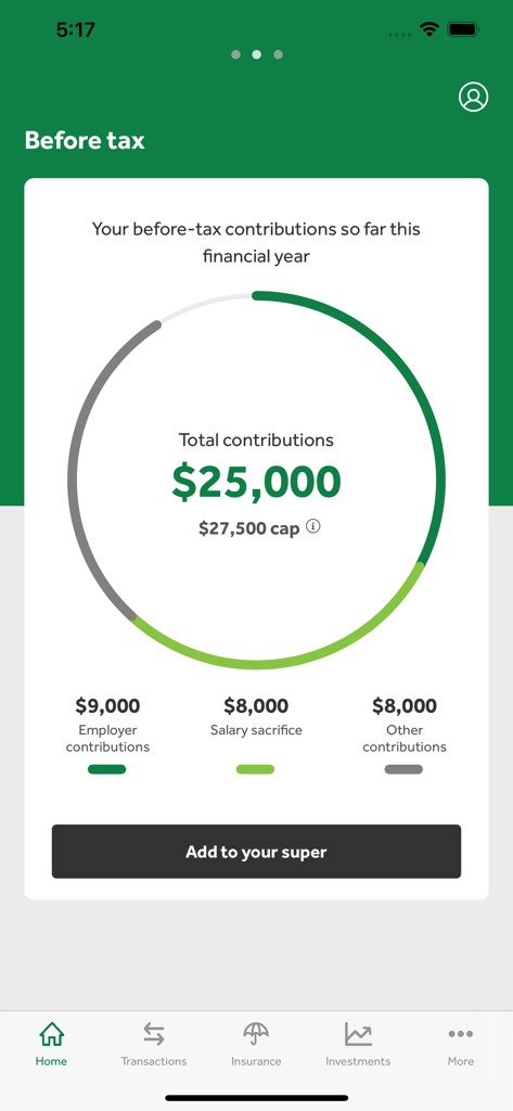 Cbus Super - Interface de l'application Cbus Super montrant les contributions avant impôts et la progression du plafond annuel.