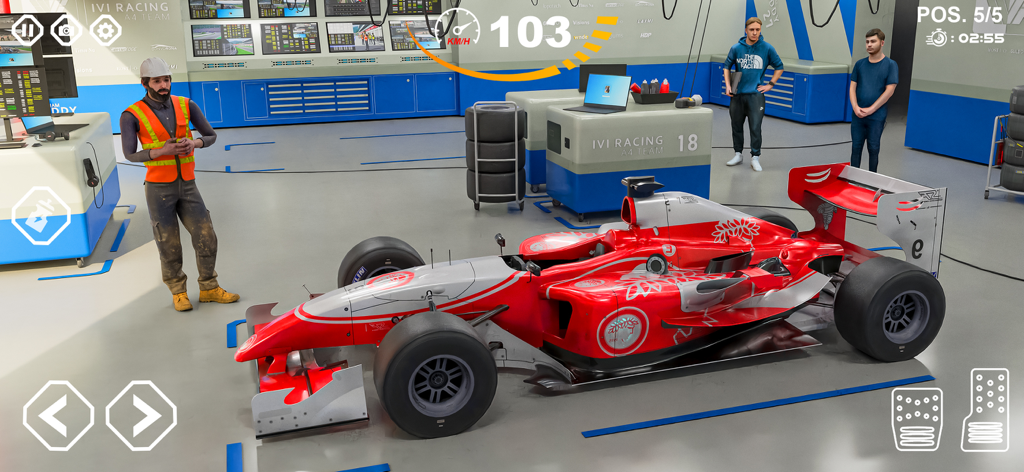 Realistic red and silver formula car in a professional racing garage